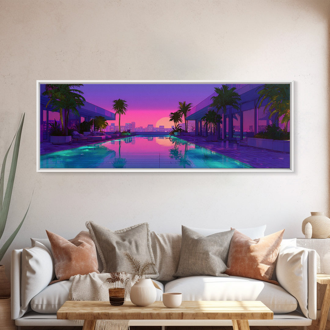 Neon Poolside City Sunset Framed Canvas Print, Miami Palm Skyline Wall Decor, Cyberpunk Art, Modern Living Room Decor, Large Wall Art