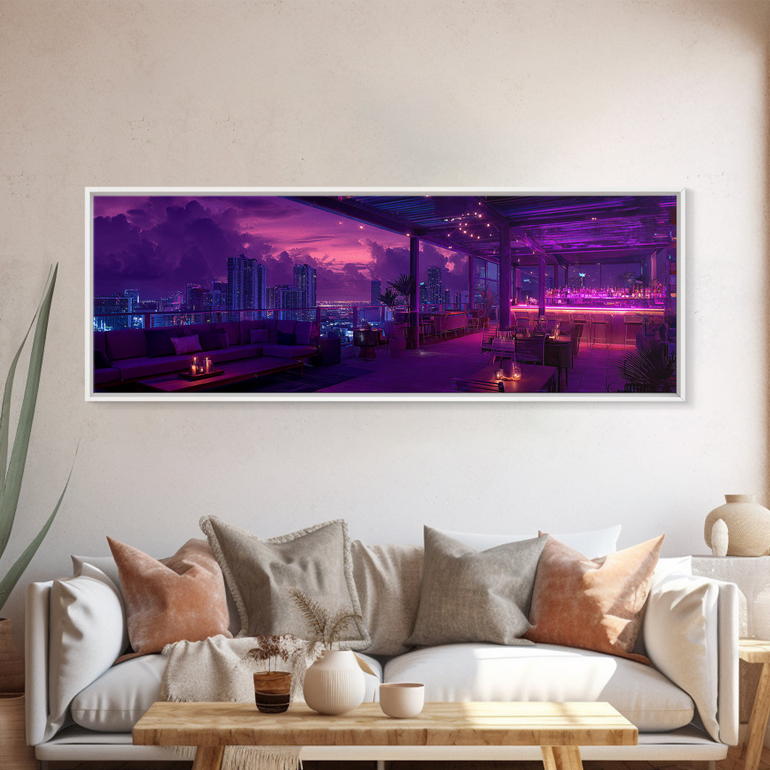 Neon Rooftop Lounge Skyline At Dusk Wall Art, Cyberpunk Cityscape, Futuristic Bar Decor, Panoramic Living Room Print Home Decor