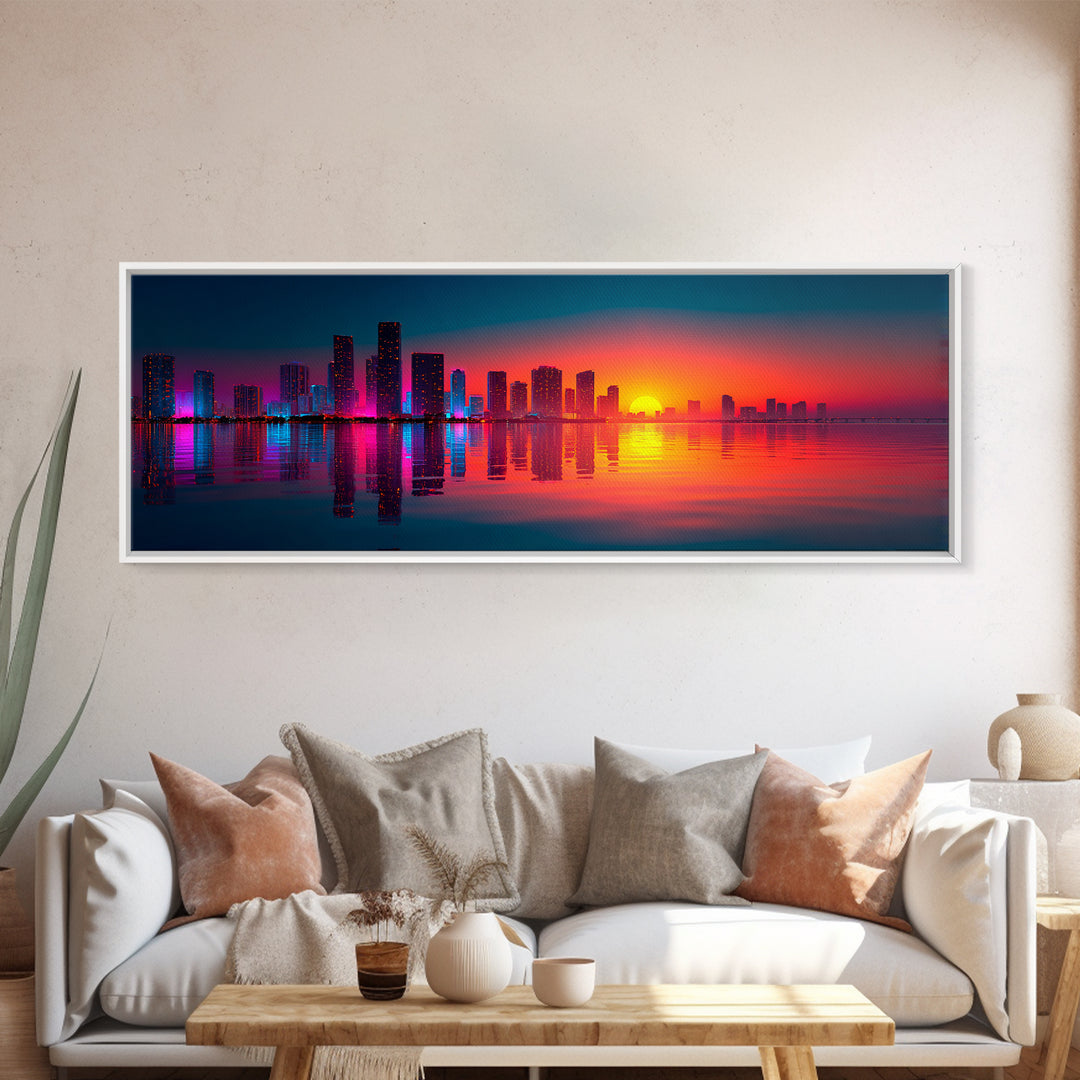 Neon City Skyline Sunset Wall Art, Modern Urban Landscape With Water Reflections, Colorful Office Decor, Large Canvas Print