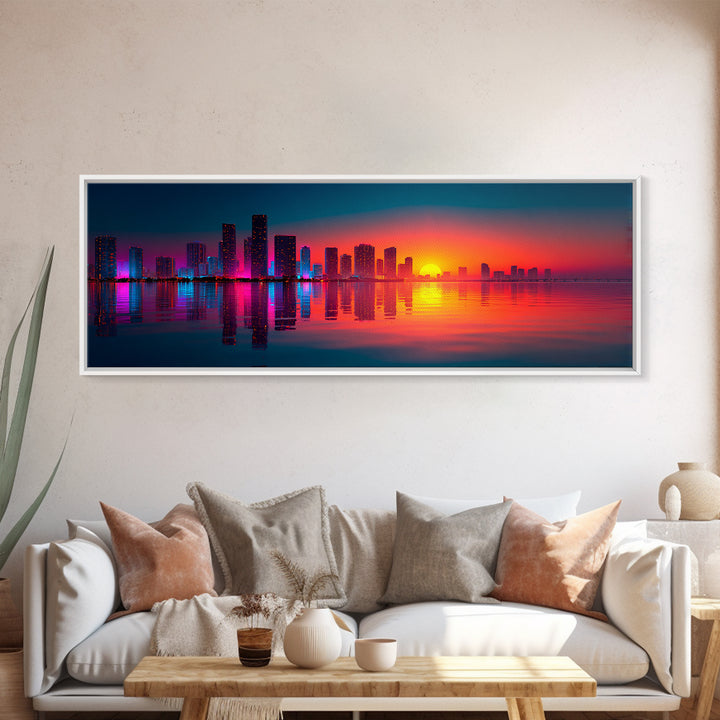 Neon City Skyline Sunset Wall Art, Modern Urban Landscape With Water Reflections, Colorful Office Decor, Large Canvas Print