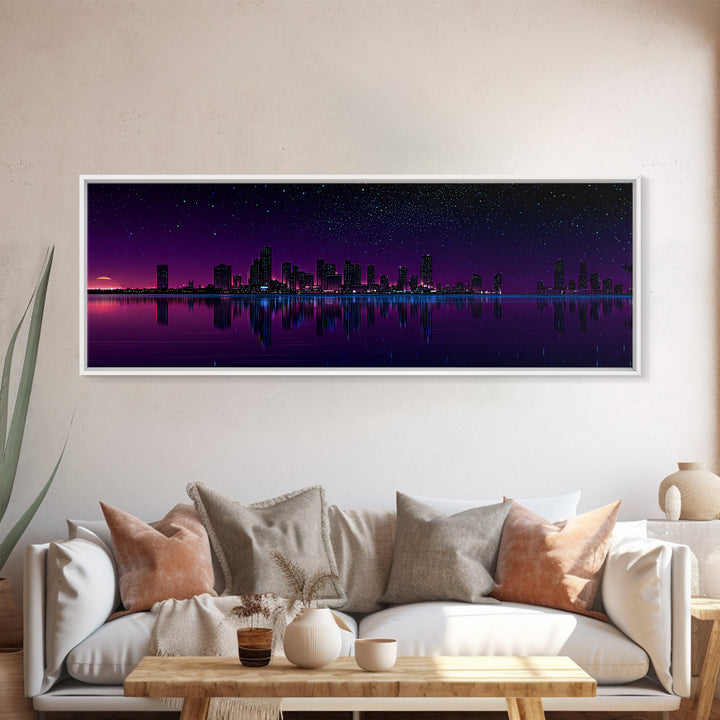 Purple Starry City Skyline Reflection, Modern Wall Art, Cyberpunk Canvas Print, Urban Night Decor, Office Wall Decor, Living Room Art