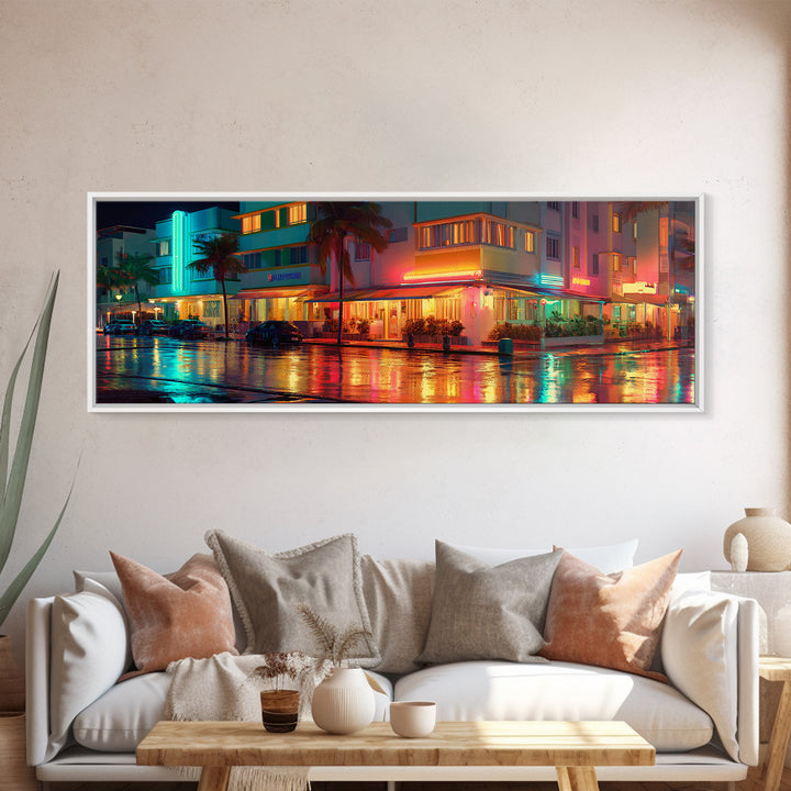 Neon Rainy Art Deco Hotel Street Wall Art, Miami Urban Night Cityscape, Retro Travel Poster, Framed Canvas Print, Office Decor