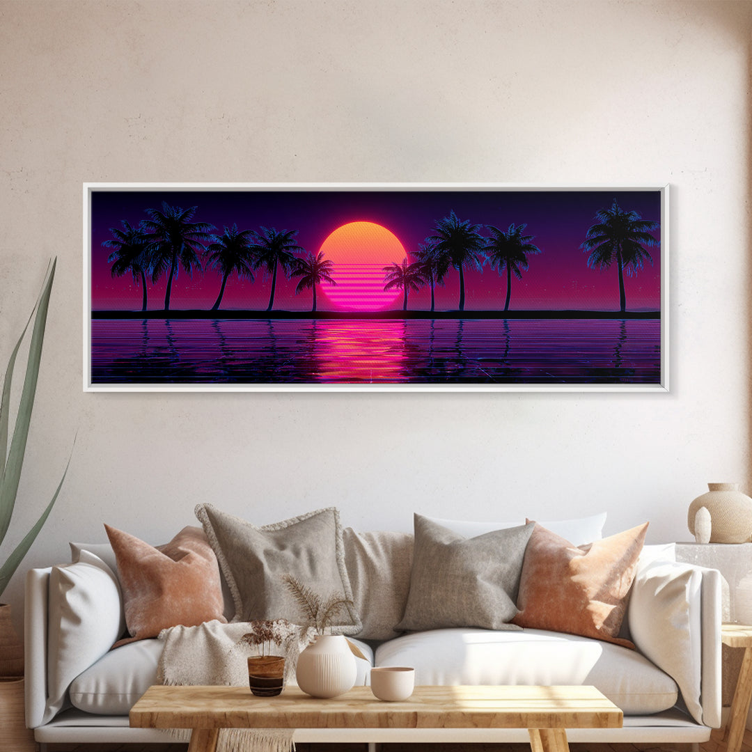 Neon Palm Tree Sunset Canvas Print, Tropical Beach Wall Art, Retro Coastal Decor, Pink Purple Living Room Art, Home Decor