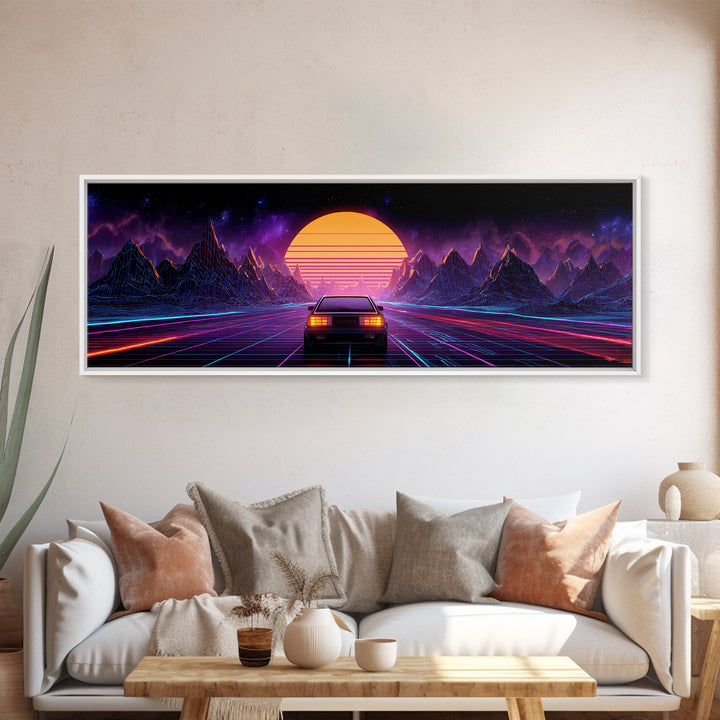 Neon Synthwave Car Wall Art, Retro Futuristic Mountains, Cyberpunk Sunset Decor, Gaming Room Poster, Panoramic Canvas Print
