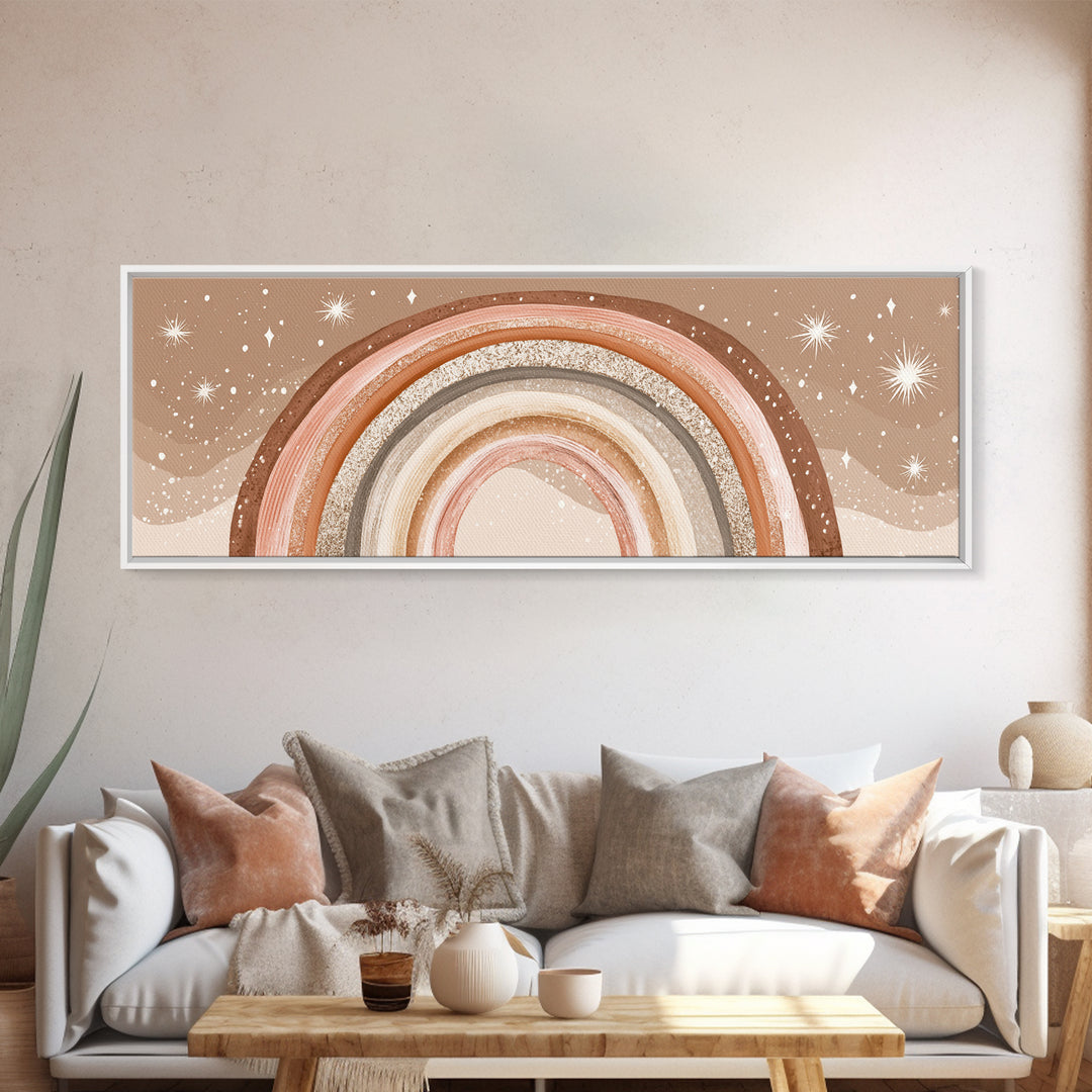 Boho Neutral Rainbow With Stars Wall Art, Pastel Nursery Decor, Earth Tone Above Bed Print, Kids Room Canvas Decor, Baby Shower Gift