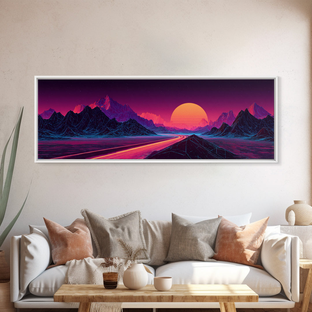 Neon Highway Through Purple Mountains Framed Canvas Print, Synthwave Wall Art, Retro Futuristic Decor, Gaming Room Poster