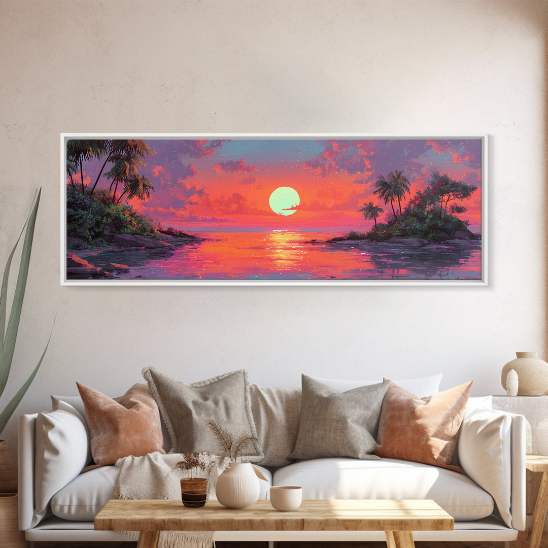 Tropical Island Sunset Cove Wall Art, Extra Wide Canvas Print, Coastal Beach House Decor, Vibrant Ocean Living Room Wall Decor