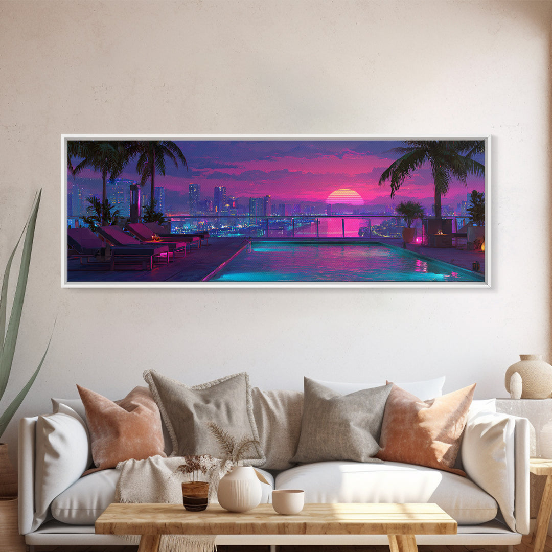 Neon Rooftop Pool At Sunset Framed Canvas Print, Cyberpunk City Wall Art, Tropical Miami Decor, Vaporwave Living Room Art