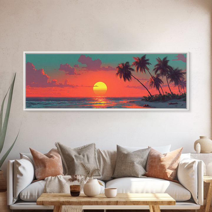 Tropical Palm Beach Sunset Wall Art, Retro Coastal Canvas Print, Ocean Seascape Decor, Summer Beach House Art Print Gift