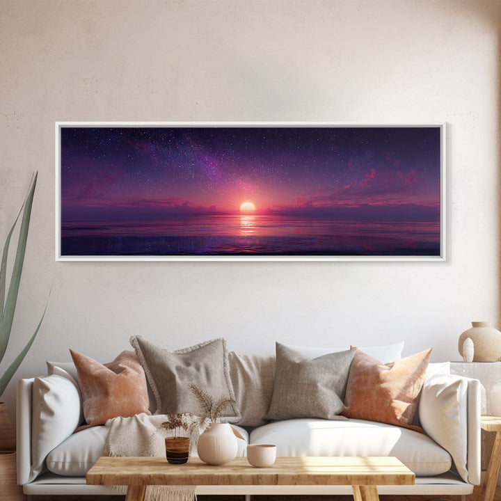 Starry Purple Ocean Sunset Wall Art, Celestial Seascape Canvas Print, Coastal Bedroom Decor, Romantic Beach House Gift For Her