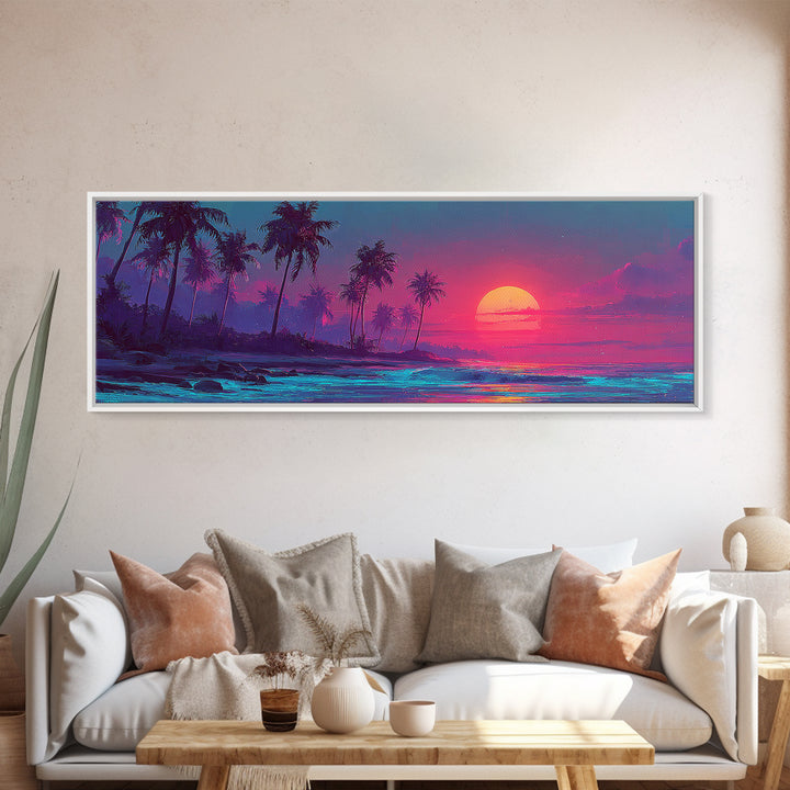 Pink Tropical Palm Island Sunset Wall Art, Neon Ocean Waves, Coastal Beach House Decor, Large Horizontal Canvas Print Poster