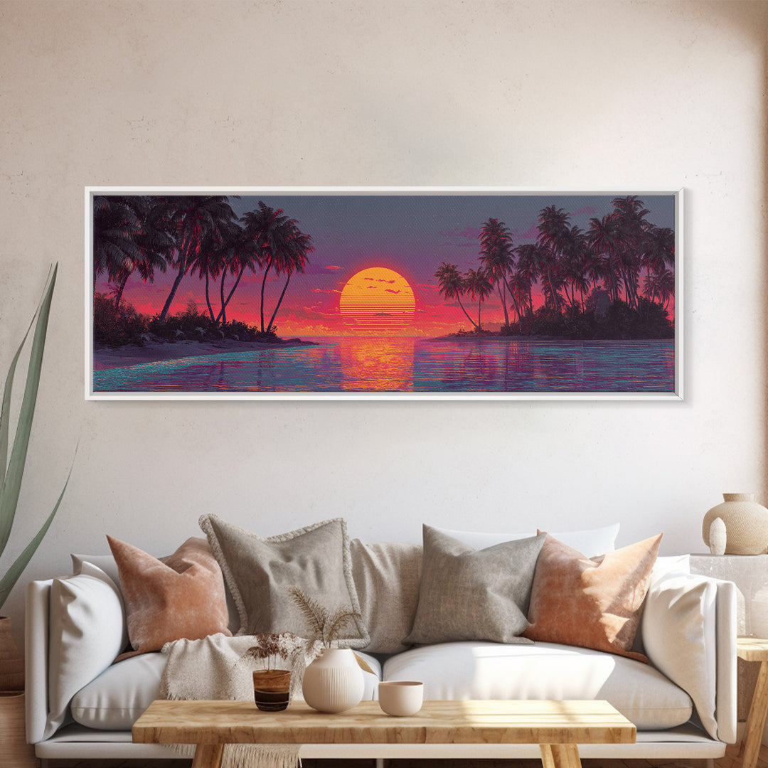 Starry Tropical Island Sunset Over Lagoon Framed Canvas Print, Coastal Wall Art, Beach House Decor, Vibrant Ocean Poster