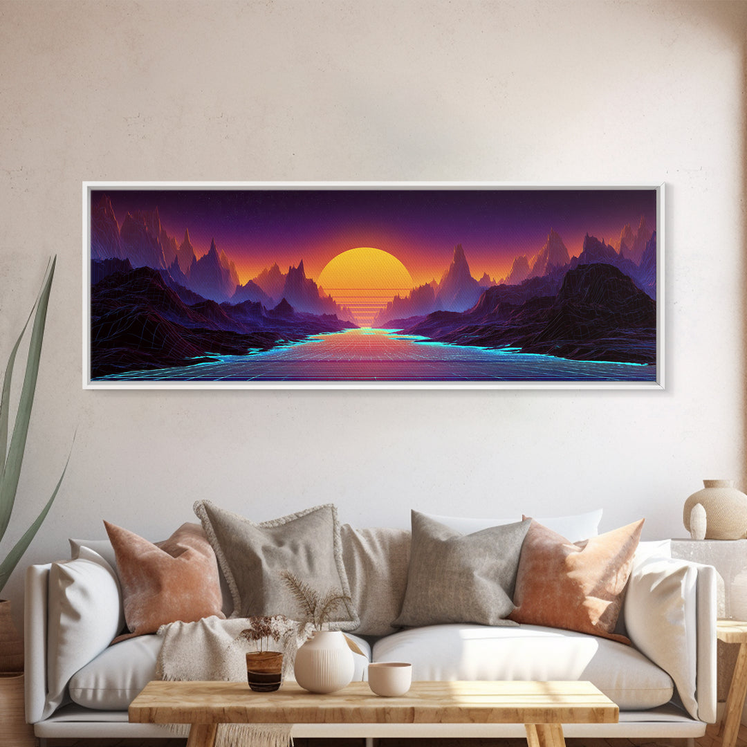 Neon Fantasy Mountain Valley Wall Art, Synthwave Landscape Canvas Print, Futuristic Decor, Gaming Room, Large Poster, Home Decor