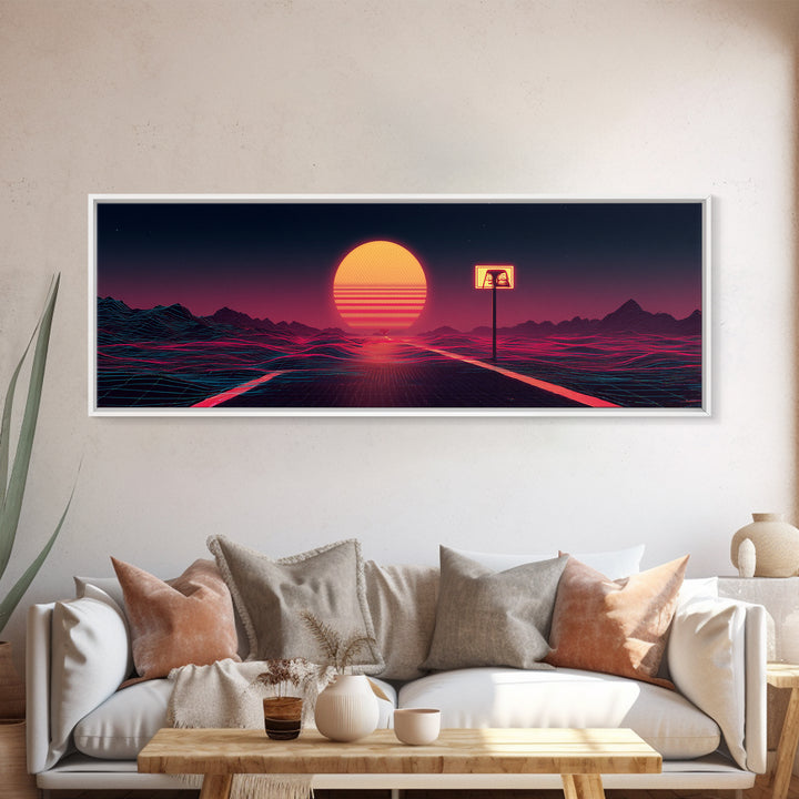 Lonely Neon Desert Highway With Retro Sun Canvas Print, Vaporwave Wall Art, Futuristic Decor, Gamer Room Poster Gift For Him
