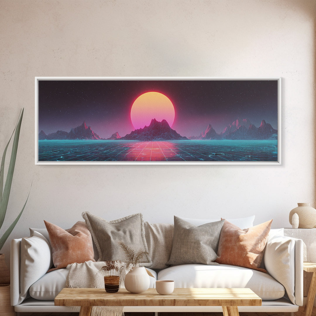 Alien Mountain Grid Sunset Wall Art, Retro Futuristic Synthwave Landscape, Vaporwave Home Decor, Large Horizontal Art Print