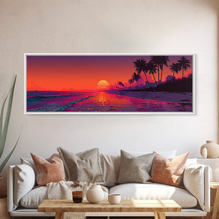 Retro Neon Tropical Beach Sunset Wall Art, Synthwave Coastal Decor, Palm Tree Ocean Print, Vibrant Summer Canvas Gift Idea