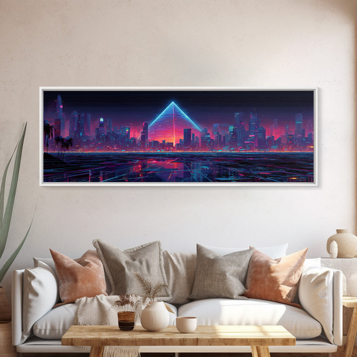 Cyberpunk Neon City With Glowing Pyramid, Futuristic Wall Art, Synthwave Canvas Print, Gaming Room Decor, Modern Office Art