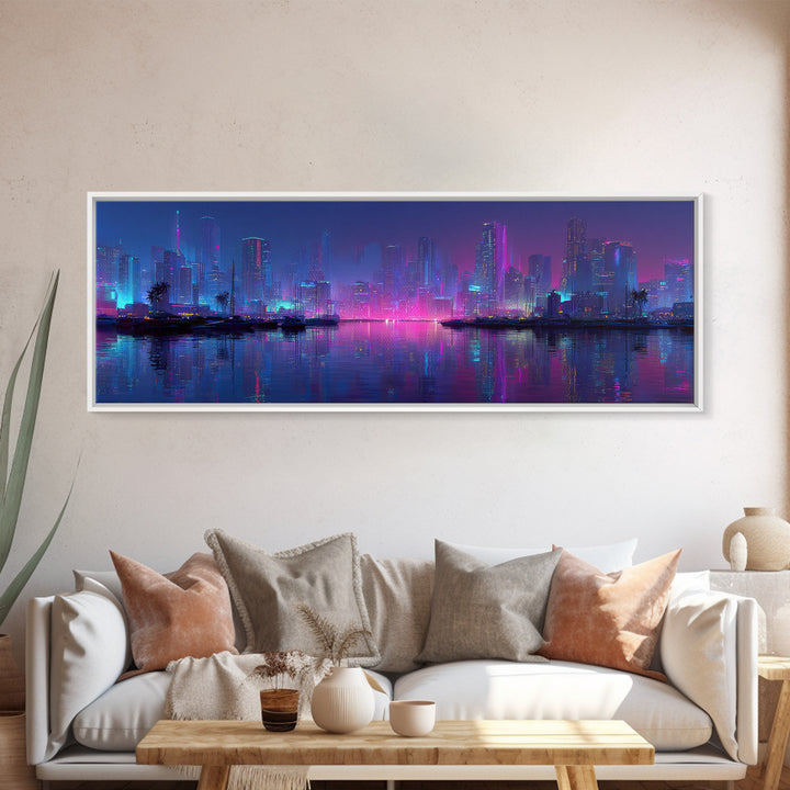 Neon Cyberpunk Skyline Canvas Print, Futuristic Cityscape Wall Art, Vaporwave Office Decor, Large Modern Urban Night Art