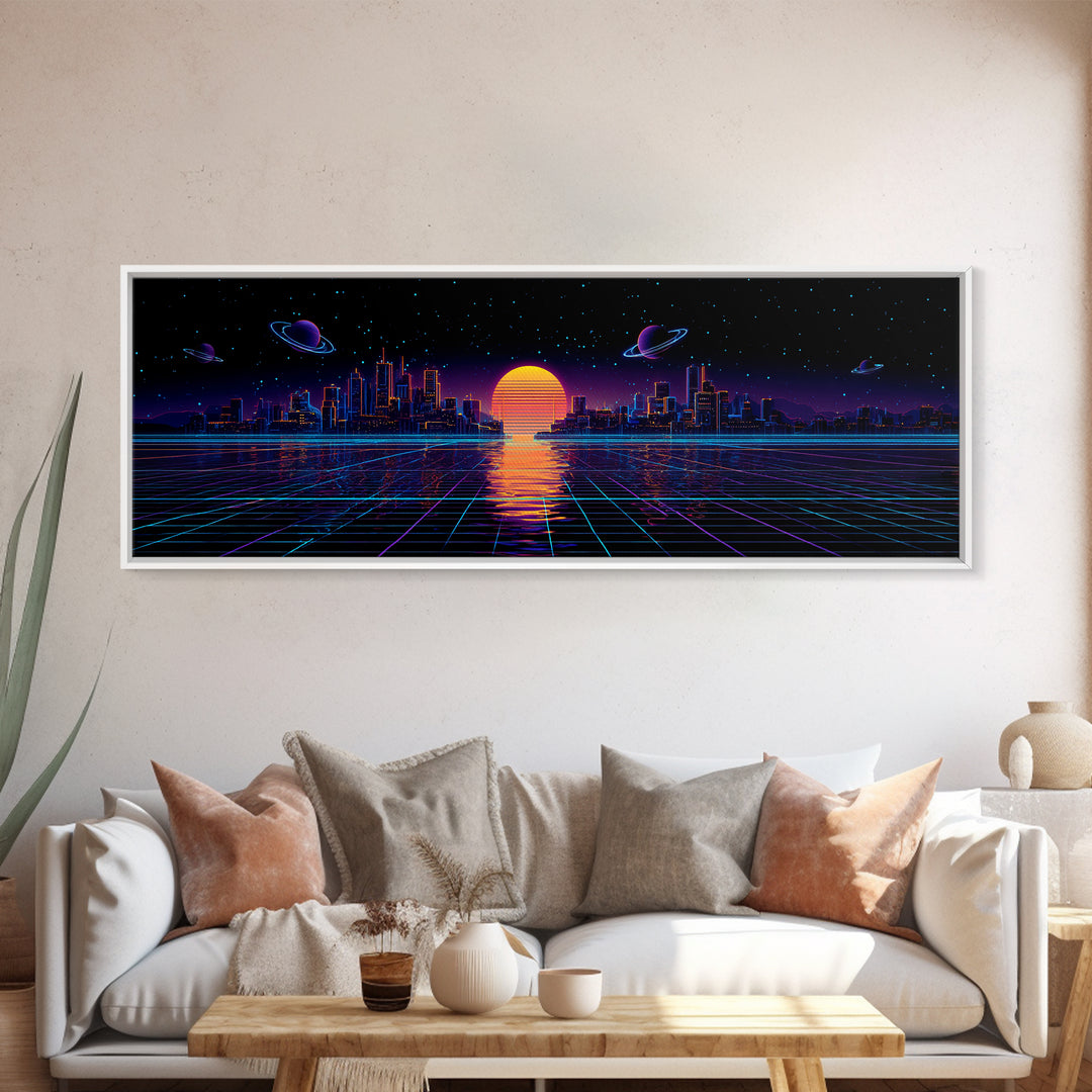 Synthwave City Skyline Over Neon Grid Canvas Print, Retro Futuristic Wall Art, Cyberpunk Decor, Vaporwave Poster Gift For Him