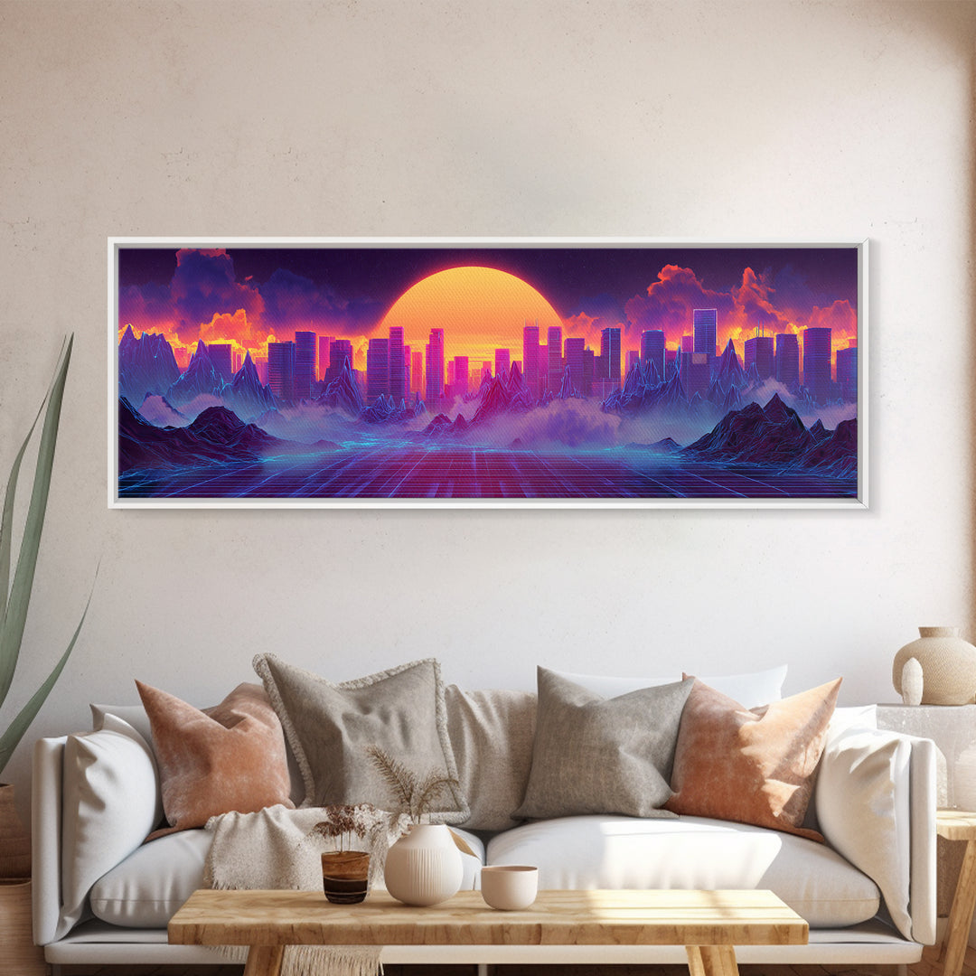 Synthwave City Sunset Skyline Canvas Print, Retro Futuristic Wall Art, Neon Mountain Decor, Vaporwave Living Room Art, Home Decor