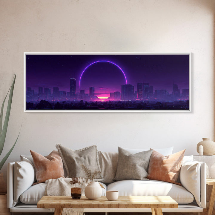 Neon City Skyline With Purple Eclipse Canvas Print, Cyberpunk Wall Art, Futuristic Urban Decor, Gaming Room Statement Art