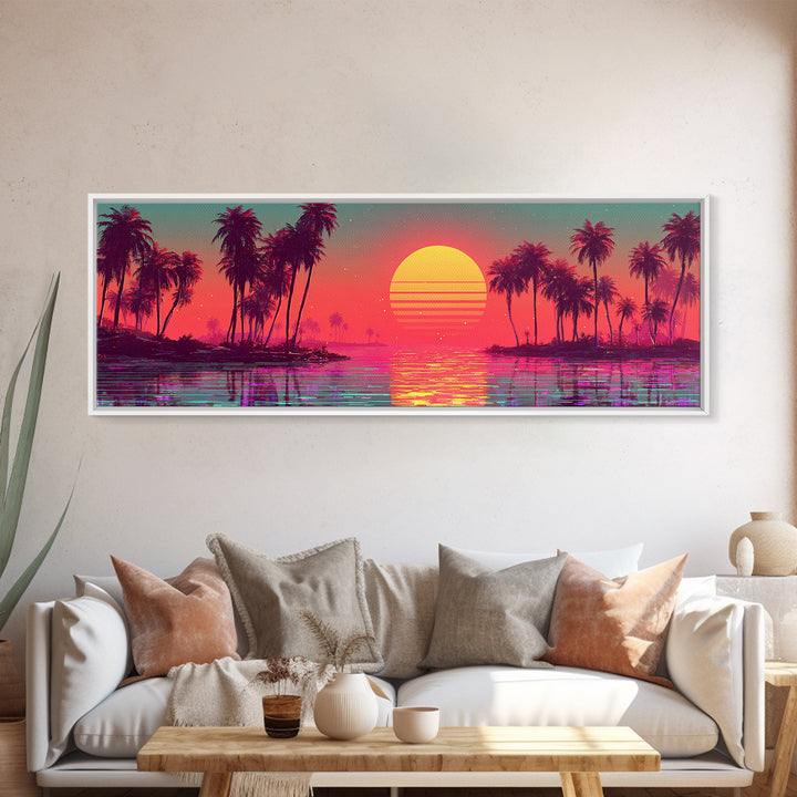 Pastel Tropical Lagoon Sunset With Palms, Vaporwave Canvas Print, Coastal Wall Art, Beach House Decor, Pink Room Decor Print