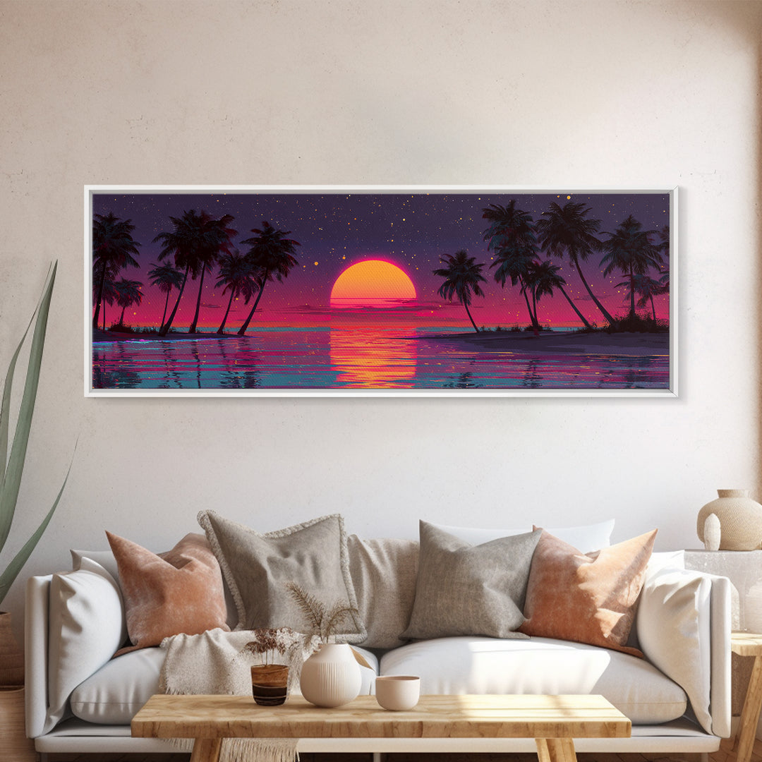 Retro Tropical Sunset Over Palm Island Wall Art, Neon Ocean Landscape, Coastal Decor, Beach House, Large Horizontal Print