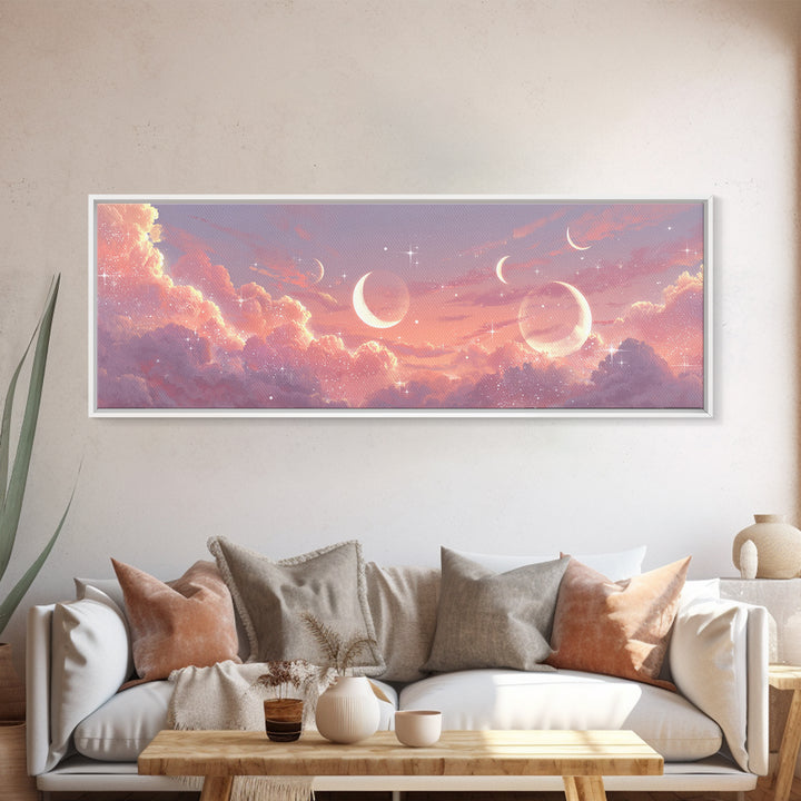 Pink Celestial Cloudscape With Crescent Moons Canvas Print, Dreamy Wall Art, Starry Nursery Decor, Romantic Bedroom Art Print