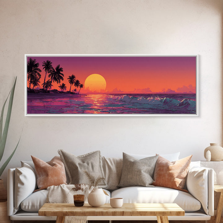 Tropical Orange Sunset Over Ocean Canvas Print, Palm Tree Beach Wall Decor, Coastal Seascape Art For Living Room, Home Decor