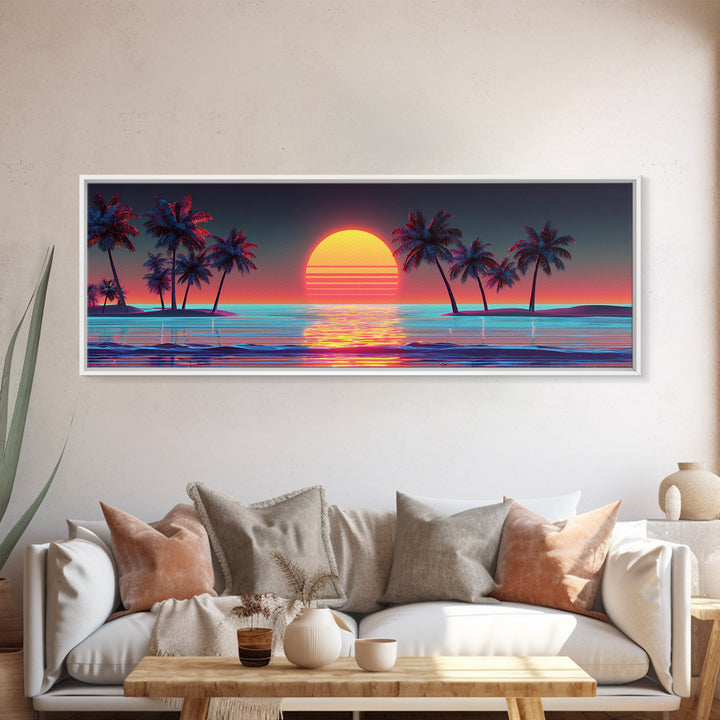 Retro Palm Island Sunset Canvas Print, Tropical Beach Wall Art, Coastal Decor, Summer Vibes, Large Living Room Poster, Home Decor