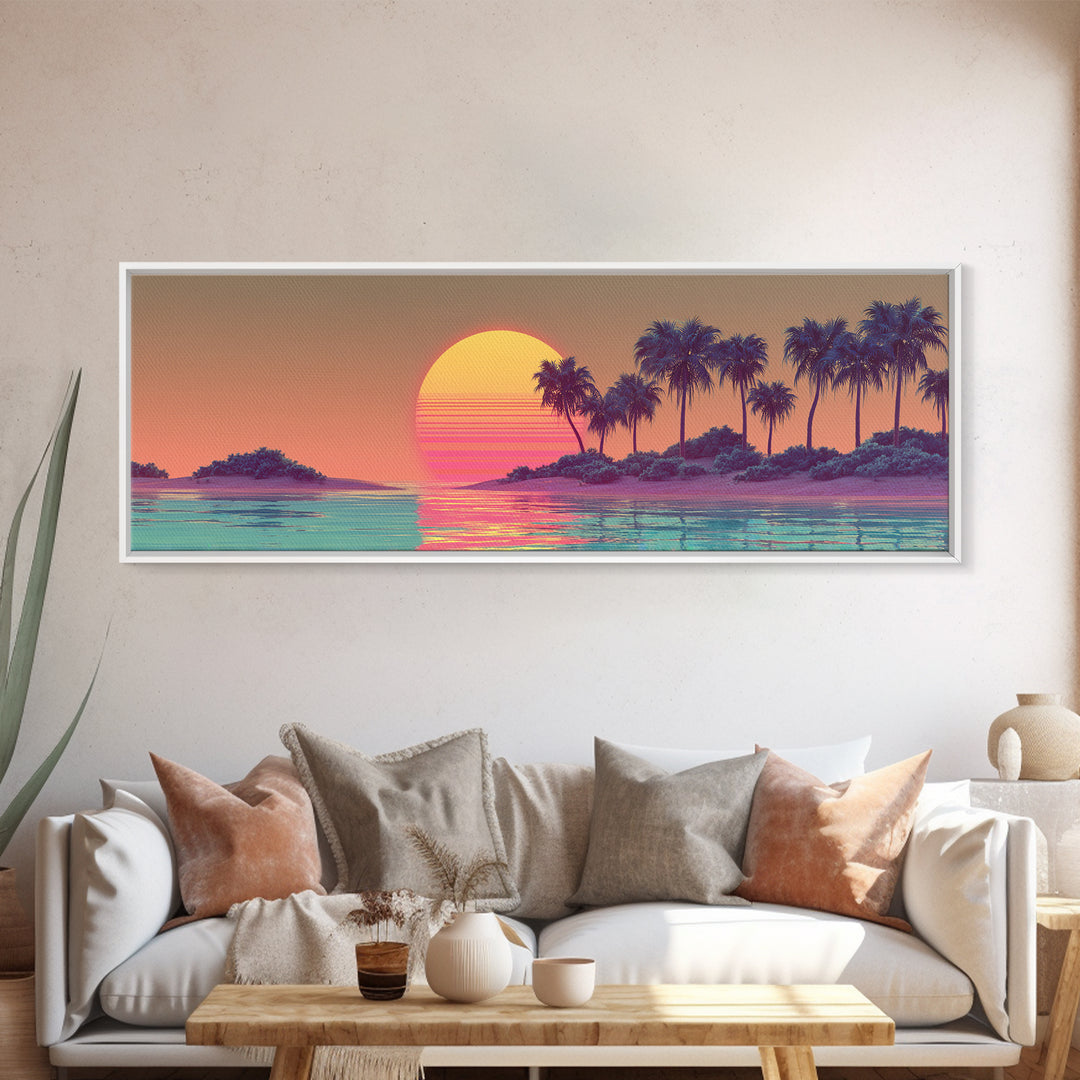 Tropical Palm Island Sunset Canvas Print, Retro Coastal Wall Art, Beach House Decor, Vaporwave Summer Landscape Art Print