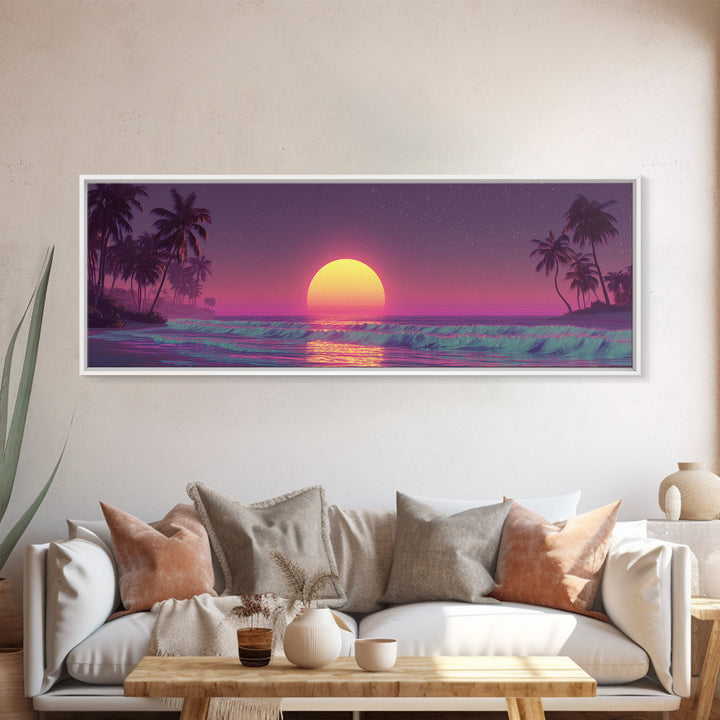 Dreamy Tropical Moonrise Over Ocean Canvas Print, Vaporwave Beach Wall Art, Palm Tree Decor, Coastal Bedroom, Sunset Print
