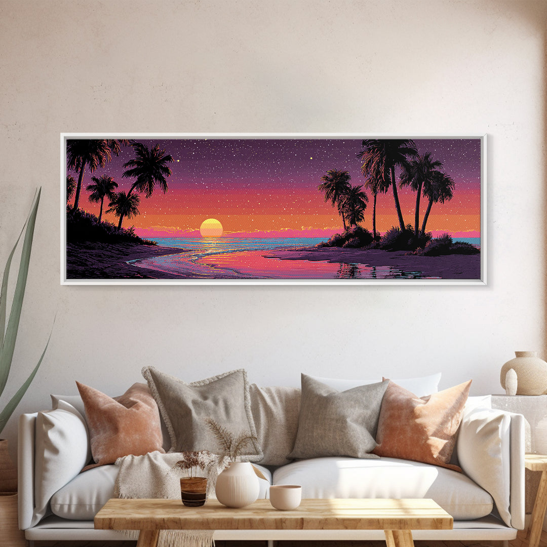 Tropical Pixel Sunset Beach With Palms, Retro Vaporwave Canvas Print, Coastal Wall Art, Beach House Decor, Gift For Her Print