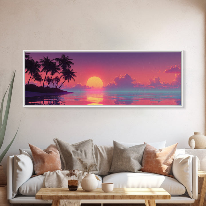 Pastel Island Sunset Over Calm Ocean Canvas Print, Tropical Palm Beach Wall Art, Coastal Home Decor, Pink Seascape Print
