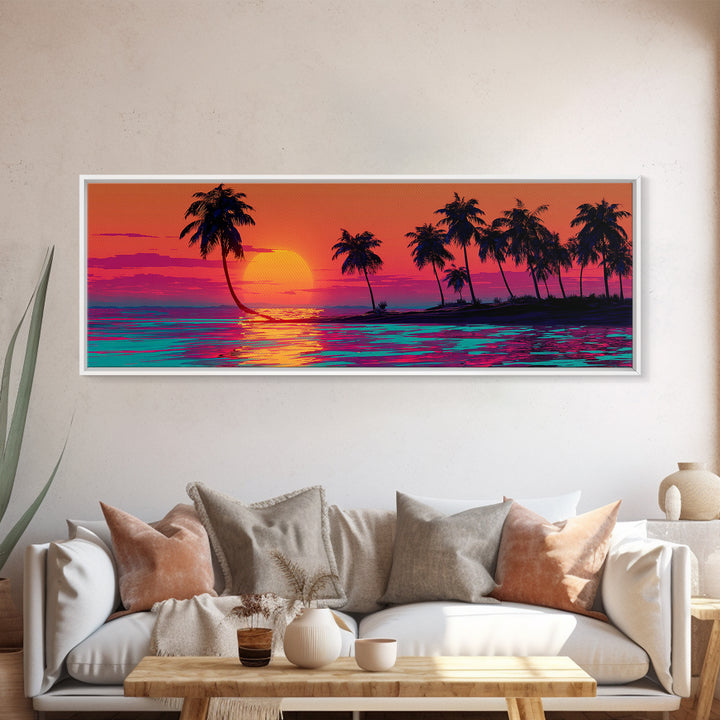Palm Island Sunset With Neon Ocean, Tropical Wall Art, Coastal Canvas Print, Beach House Decor, Colorful Living Room Art