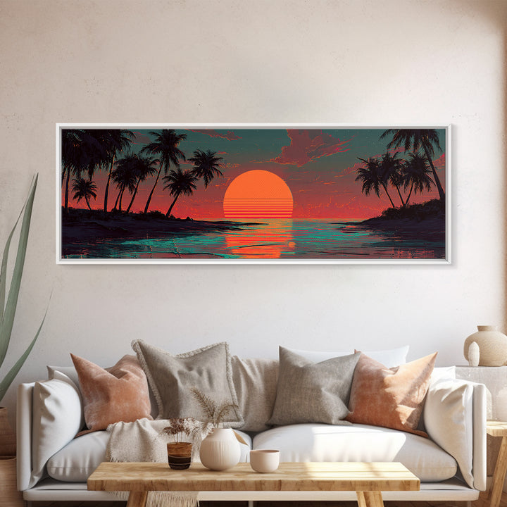 Tropical Palm Island Sunset Wall Art, Retro Beach Canvas Print, Coastal Decor, Ocean Poster, Summer Housewarming Gift, Tropical Home Decor