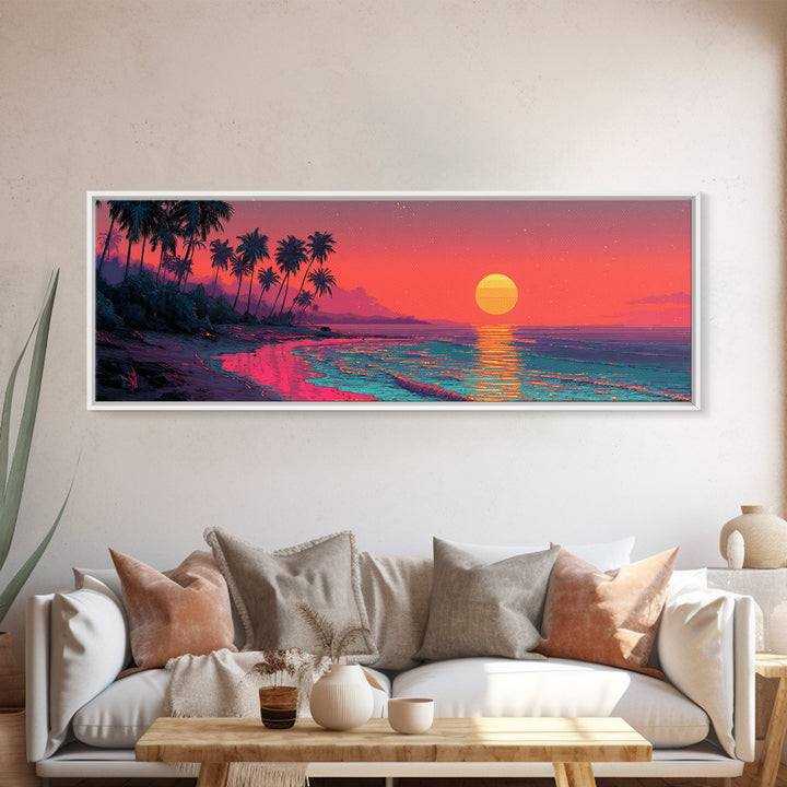 Neon Tropical Beach Sunset With Palms Wall Art, Coastal Decor, Pink Ocean Landscape, Retro Panoramic Summer Canvas Print