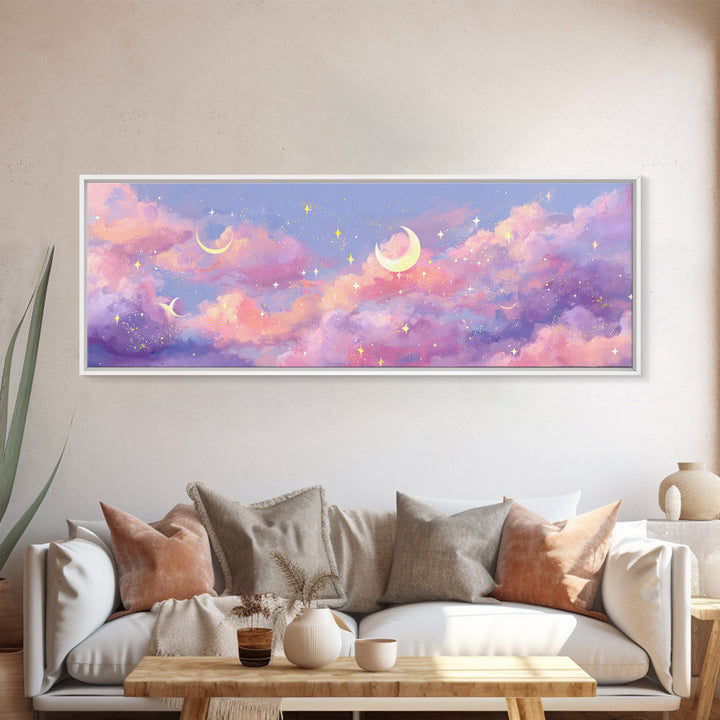 Pastel Crescent Moon Clouds Wall Art, Magical Celestial Nursery Decor, Whimsical Kids Room Print, Dreamy Bedroom Canvas Art