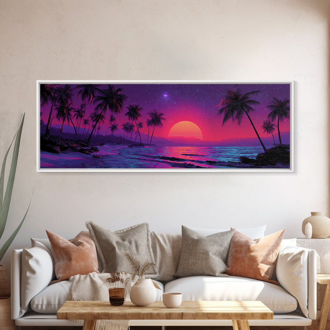 Neon Tropical Palm Beach Canvas Print, Retro Sunset Wall Art, Coastal Decor, Vaporwave Ocean Art Print, Summer Bedroom Art