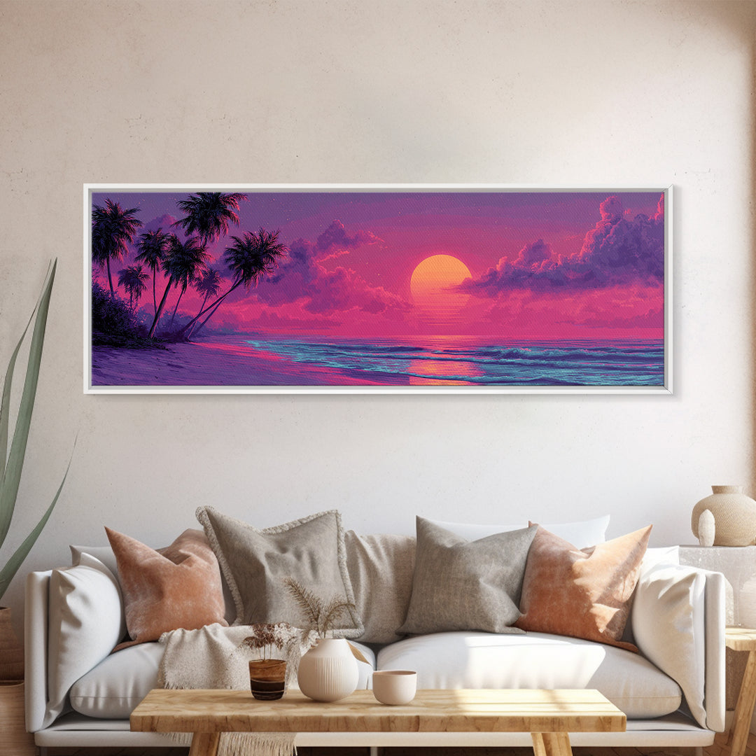 Pink Tropical Beach Sunset Wall Art, Ocean Palm Tree Canvas Print, Coastal Landscape Decor For Bedroom Living Room Wall Decor