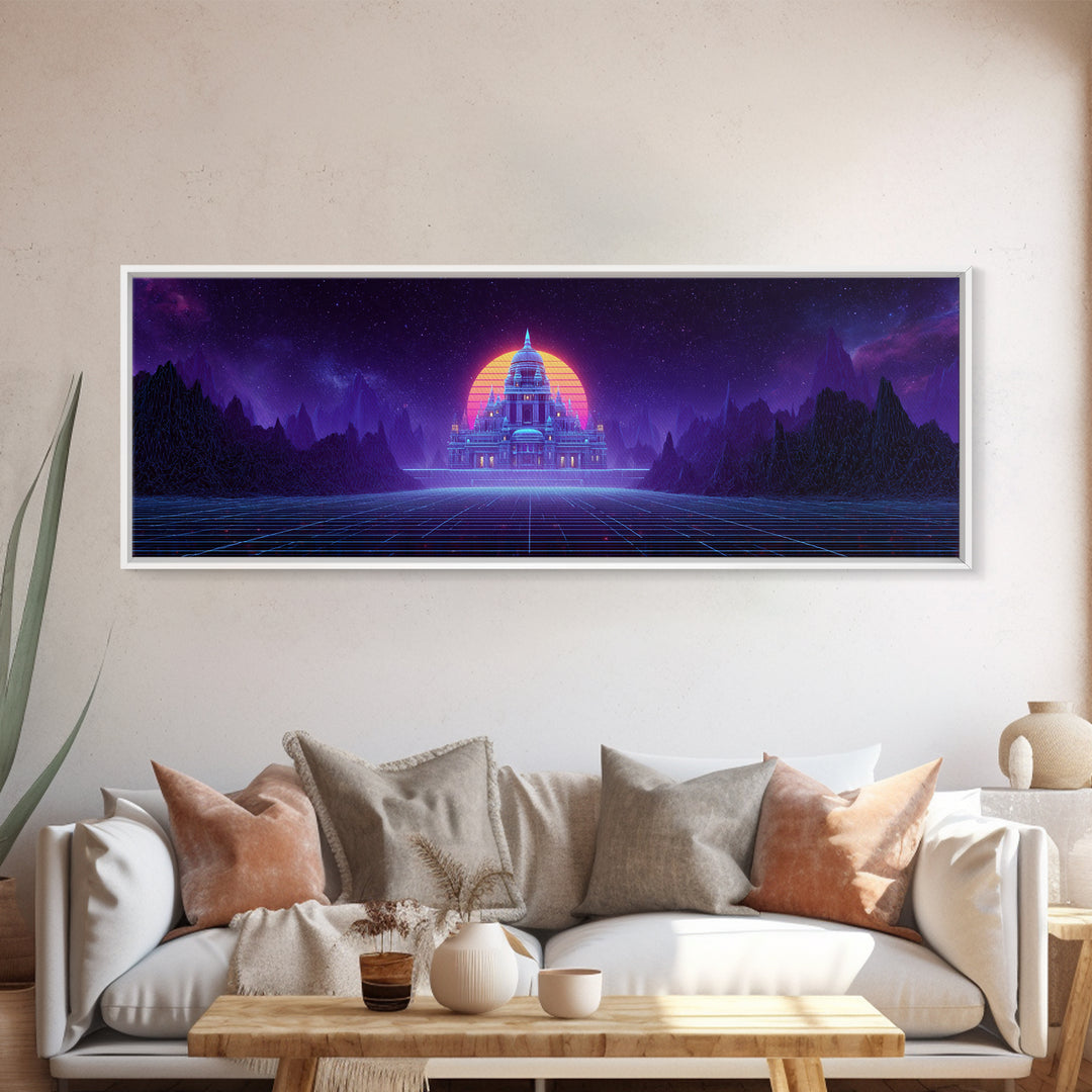 Neon Temple Beneath Cosmic Sunset Framed Canvas Print, Synthwave Wall Art, Futuristic Decor, Sci Fi Living Room Art, Home Decor