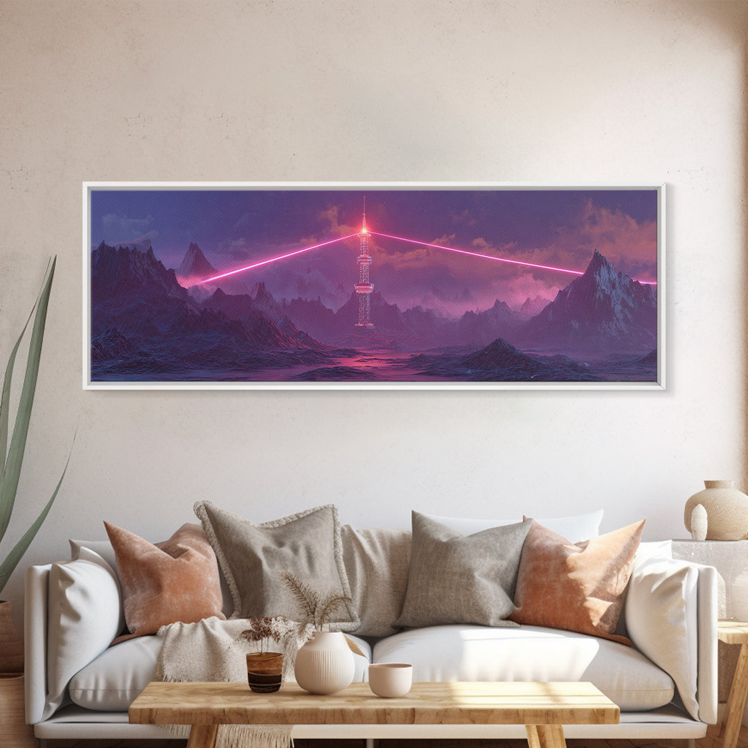 Cyberpunk Mountain Tower Canvas Print, Neon Sci Fi Wall Art, Futuristic Landscape Decor, Gaming Room Poster, Gift For Him