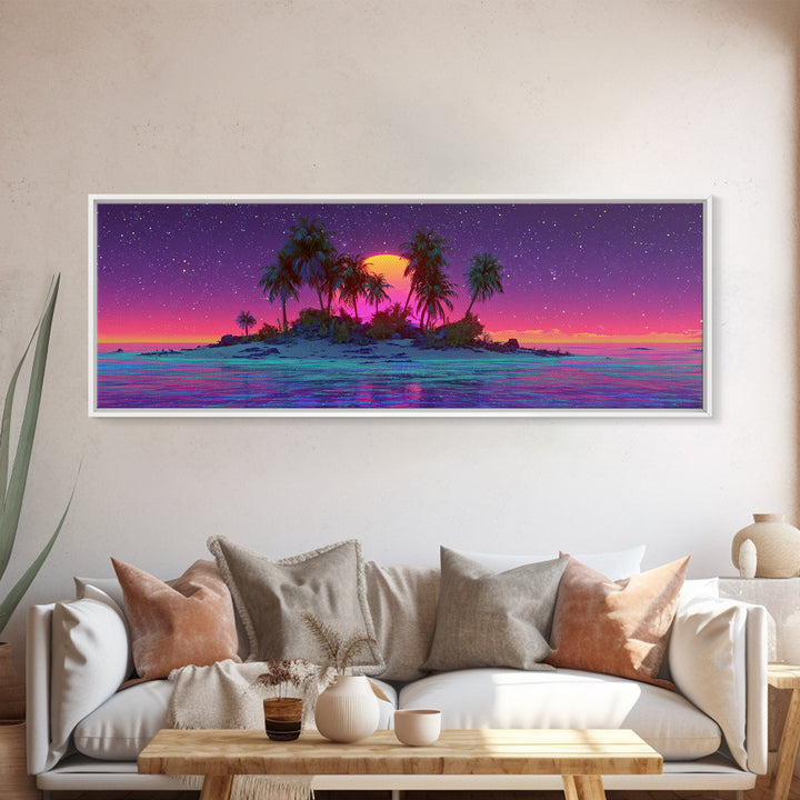 Neon Island Moonrise Wall Art, Starry Tropical Ocean Canvas Print, Purple Pink Coastal Decor, Fantasy Beach House Living Room Print