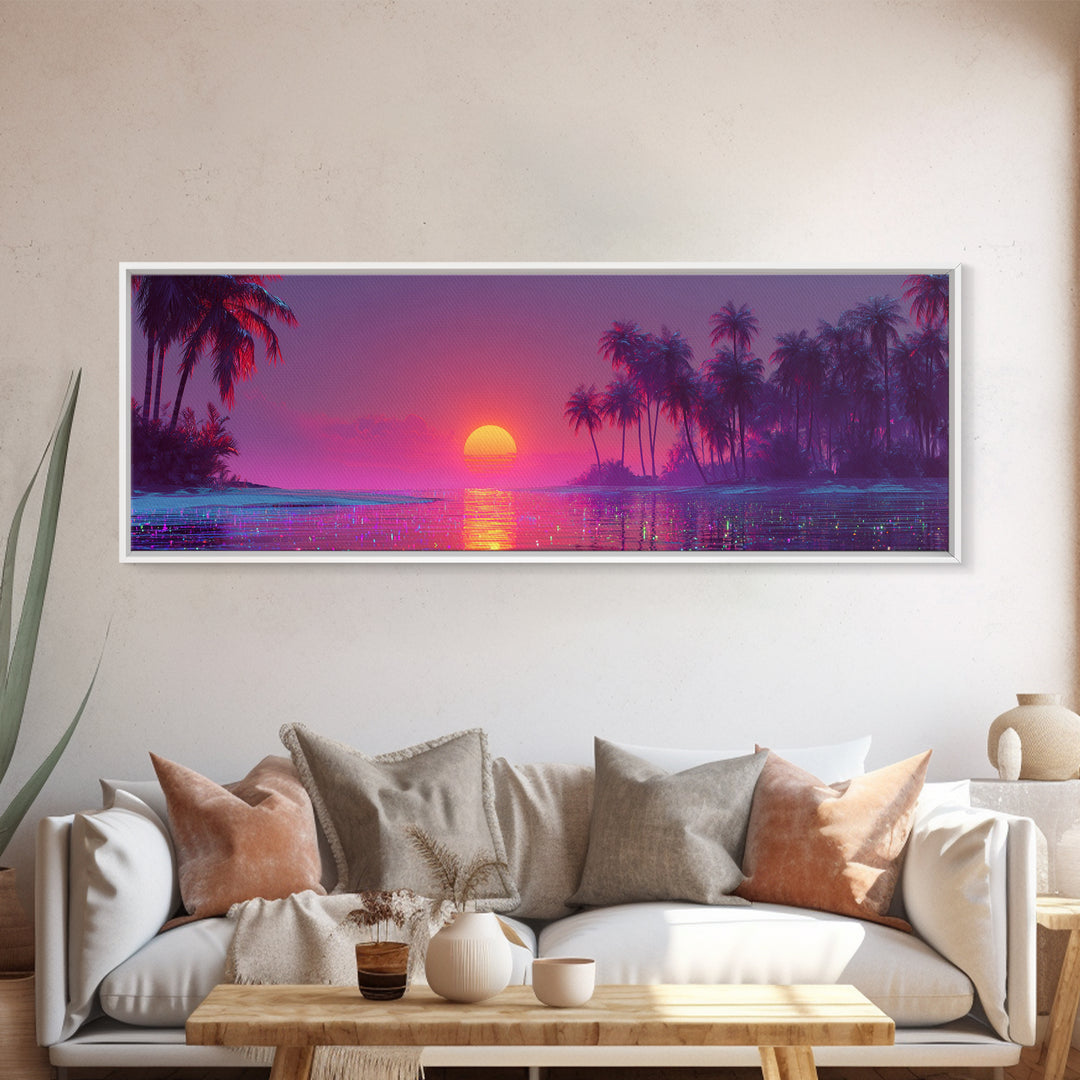 Pink Tropical Ocean Sunset Canvas Print, Palm Island Wall Art, Coastal Beach Decor, Large Vibrant Seascape Wall Art Print
