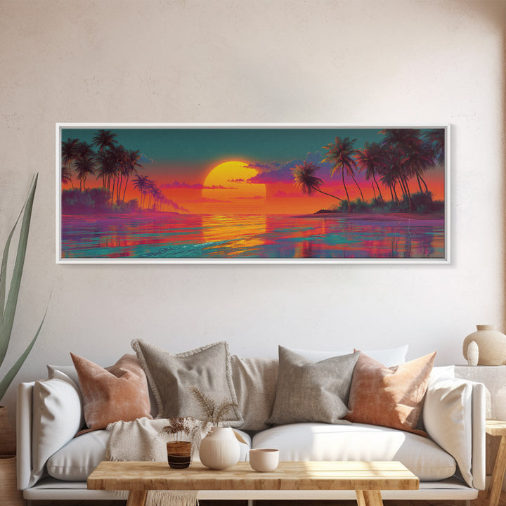 Vibrant Tropical Sunset Lagoon Wall Art, Extra Wide Panoramic Canvas Print, Beach House Decor, Coastal Living Room Wall Decor