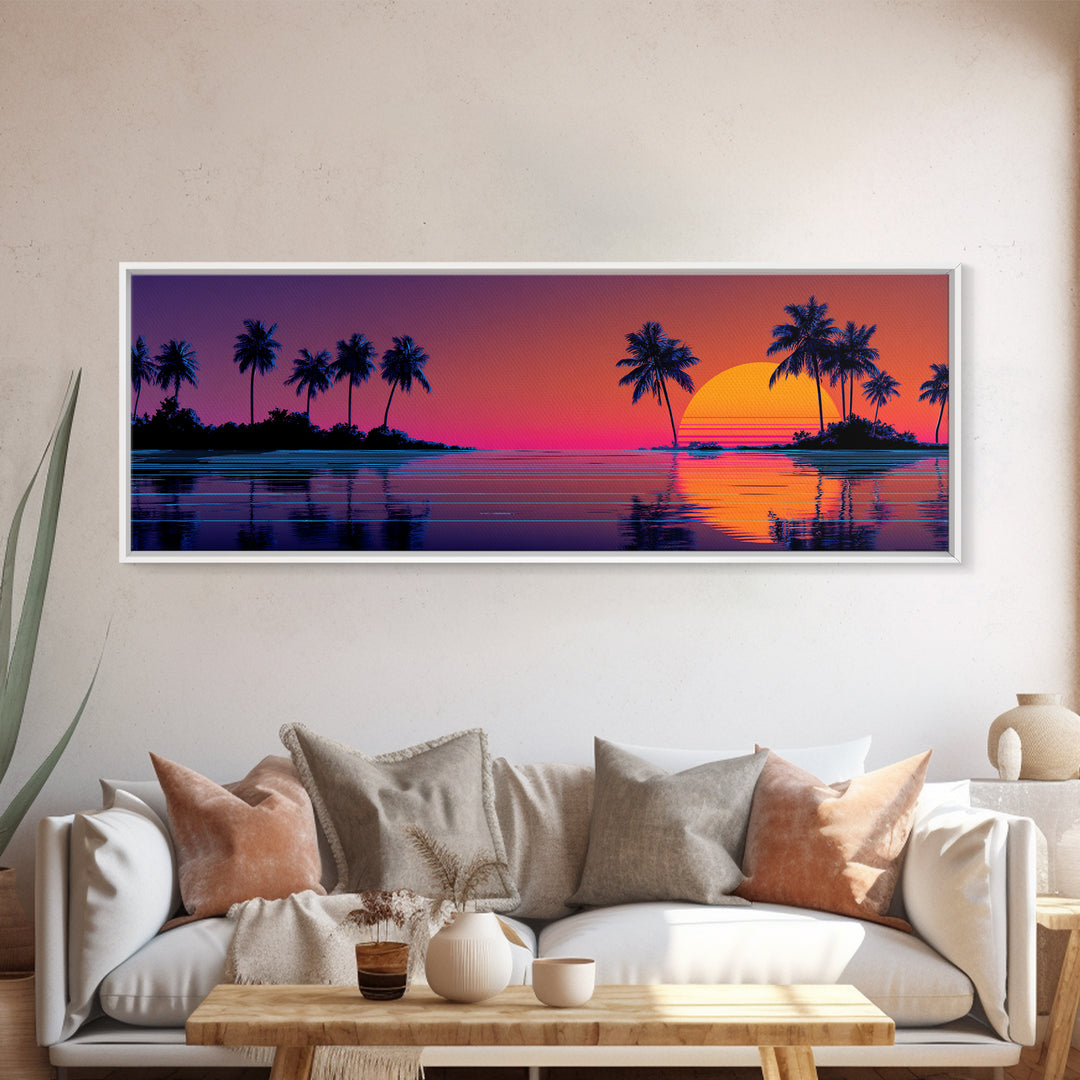 Tropical Island Sunset With Palm Trees Canvas Print, Retro Coastal Wall Art, Beach House Decor, Ocean Print For Living Room