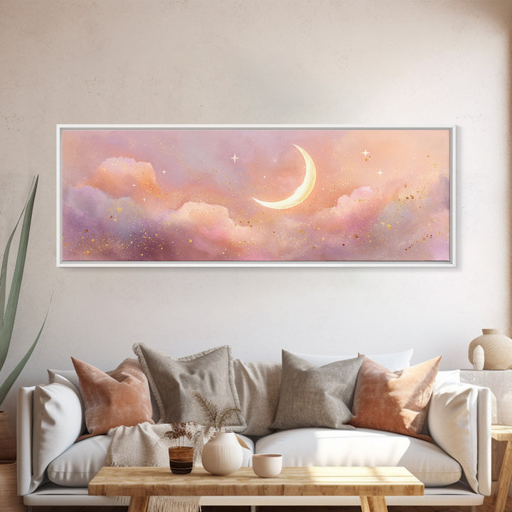 Peach Crescent Moon Over Pastel Clouds Framed Canvas Print, Celestial Wall Art, Soft Nursery Decor, Calming Bedroom Art Print