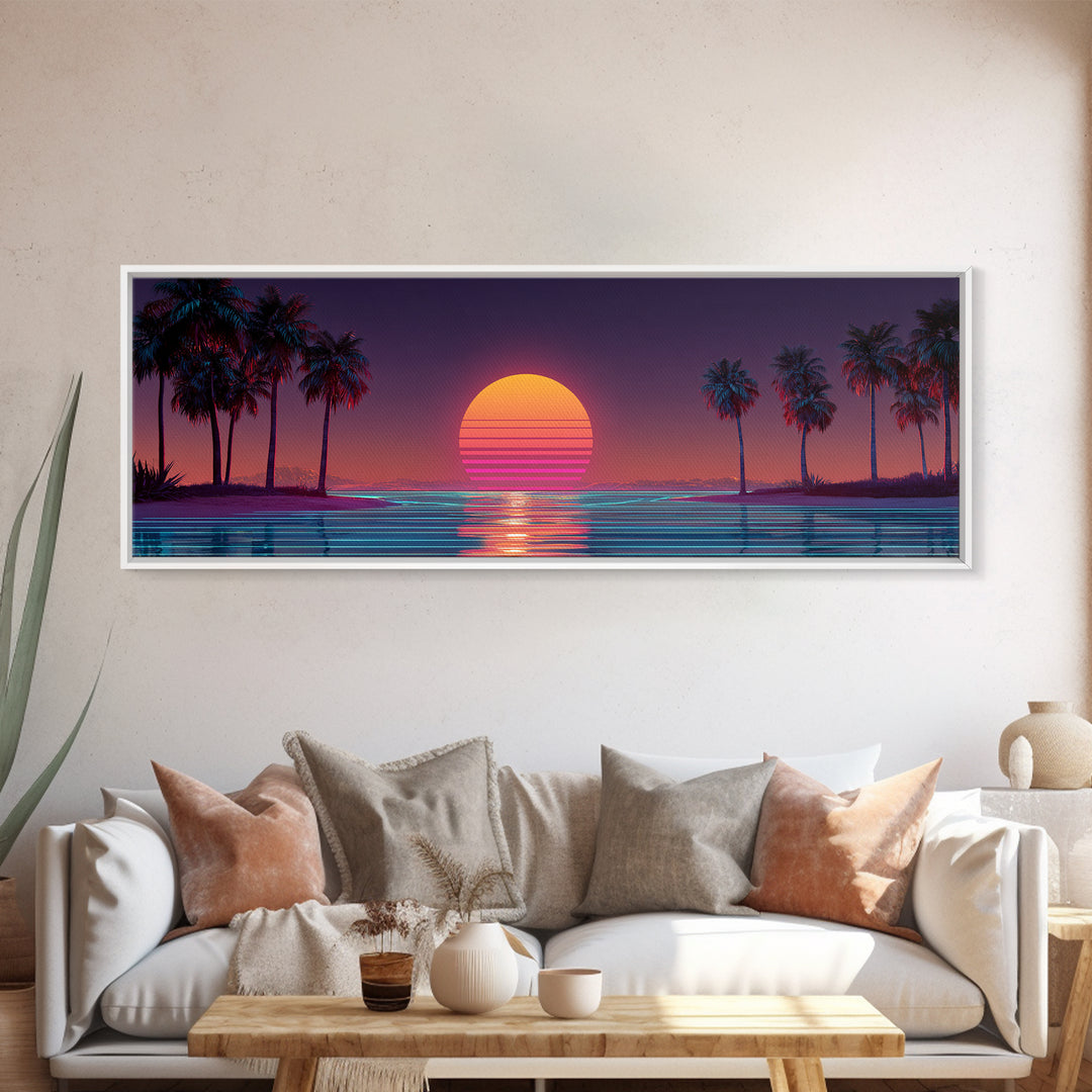 Retro Tropical Palm Sunset Wall Art, Vaporwave Beach Canvas Print, Neon Coastal Decor, 80s Aesthetic Room Decor, Gift For Him