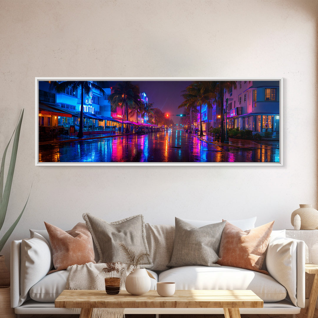 Rainy Neon Miami Street At Night Canvas Print, Cyberpunk City Wall Art, Urban Photography Decor For Modern Home Office Wall Decor
