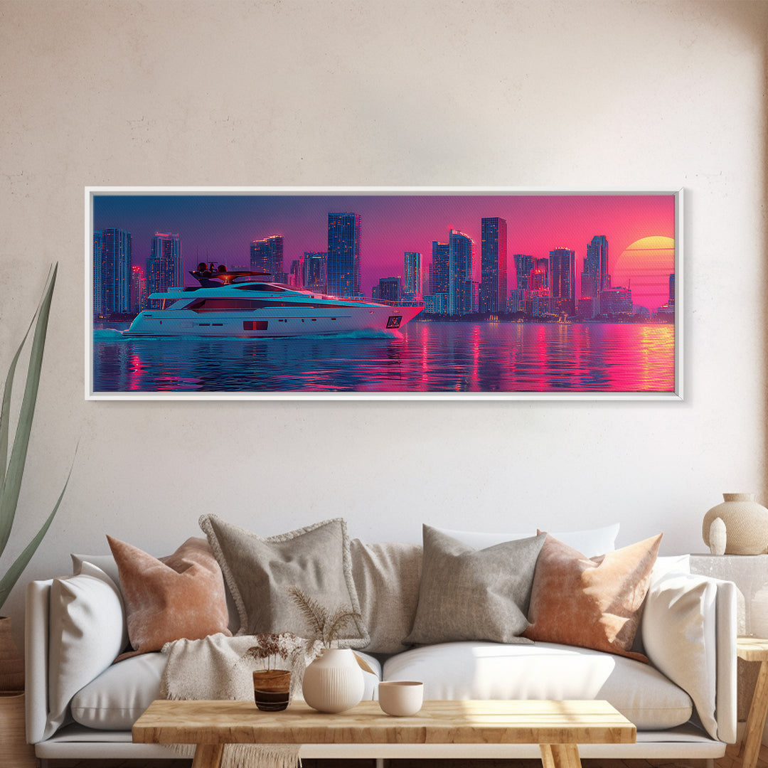 Neon Yacht And Miami Skyline Framed Canvas Print, Cyberpunk Coastal Wall Art, Vaporwave City Decor, Luxury Beach Poster Print